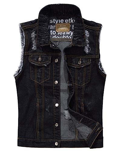 Image of ebossy Men's Ripped Distressed Denim Vest Sleeveless Button Up Jean Vest Jacket