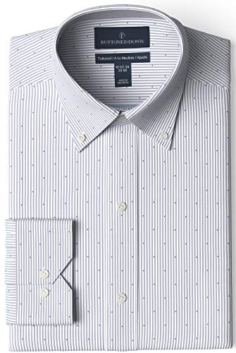 Amazon Brand - Buttoned Down Men s Tailored-Fit Button Collar Pattern Non-Iron Dress Shirt, Grey Stripe Dot 16 Neck 35 Sleeve