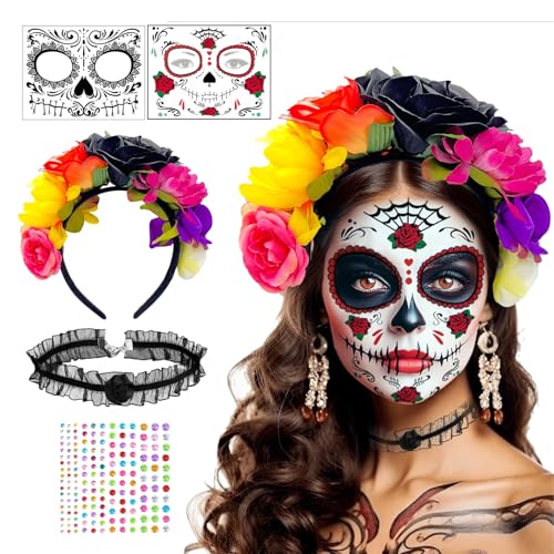 YDUNARISE Día de los Muertos Accesorios Mujer con Flores de Halloween Corona Tocado de Calavera Estatuto Cara Dia de Los Muertos Disfraz Diadema Accesorios de Maquillaje