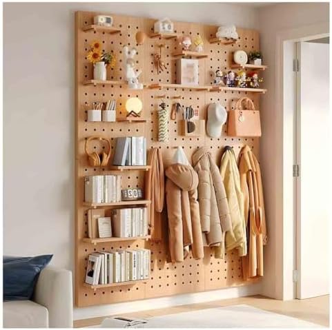 Premium Wooden Pegboard Wall Organizer Kit, 12mm Thick, 60x120cm - Versatile Display Panel for Home, Office, Gaming Setup - Stylish Beige Storage Solution