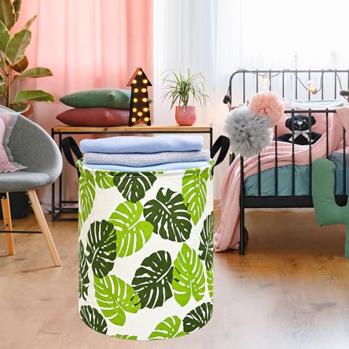 Image of Kids Laundry Hamper Clothes Gift Basket Storage Laundry Baskets Organizer Bin with Handles for Nursery Room (Green Leaf)