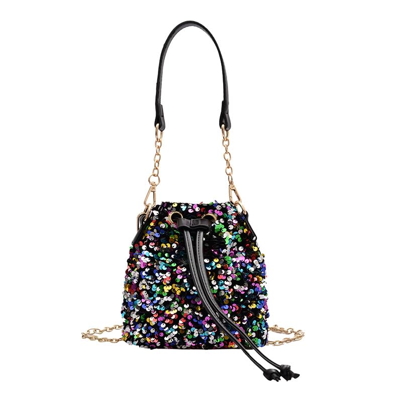 Sequin Bucket Bag Glitter Drawstring Shoulder Purse Bag Sparkle Mini Shopping Pouch Handbag with Detachable Chain Strap