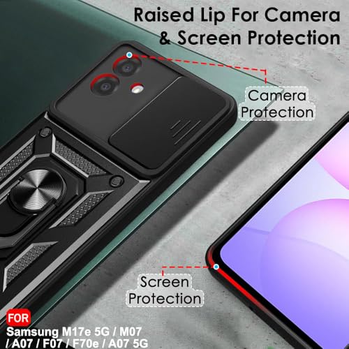 Image of TheGiftKart Tough Armor Bumper Back Cover Case for Samsung Galaxy M17e 5G / M07 / A07 / F07 / F70e / A07 5G |Kickstand & Ring Holder | 360 Degree Protection (PC & TPU, Sliding Camera Cover, Black)