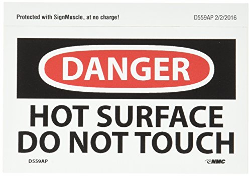 NMC D559AP OSHA Sign, Legend DANGER - HOT SURFACE DO NOT TOUCH , 5 Length x 3 Height, Pressure Sensitive Adhesive Vinyl, Black Red on White (Pack of 5)