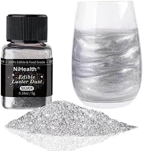 NiHealth Edible Glitter Powder Luster Dust Metallic Fancy Food Decorating Sprinkle Shimmery Brew Dust for Drink Wine Beverage Cake Candy Dessert Bakery Restaurant Vegan Allergen-Free (Silver, 5 g)