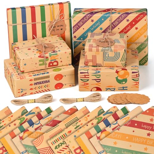 12 x Birthday Wrapping Paper Sheets - Recycled Kraft Birthday Gift Wrap Set with Tags Strings for Female Women Men Girls Boys Kids