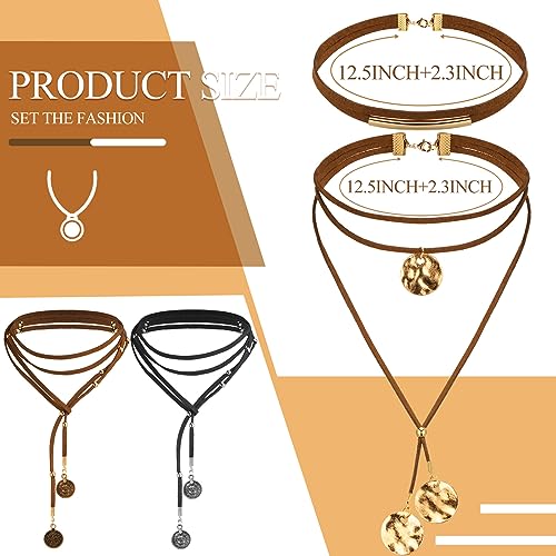Ecally 6 Pcs Boho Choker Necklace Long Layered Western Cowgirl Necklace for Women Black Brown Suede Choker Jewelry with Tassels Birthday Gift2
