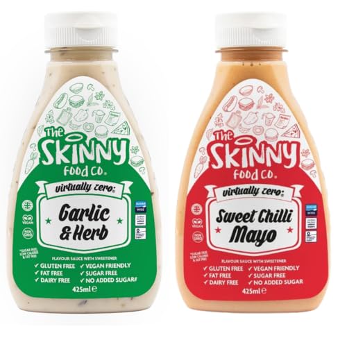 The Skinny Food Zero Calorie Flavour Sauces Garlic & Herb and Sweet Chilli Mayo Fat Free Sugar Free Vegan Friendly Gluten Free 425ml Bottles (2-Pack)