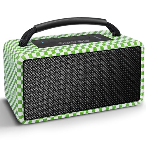 Image of DINDIN Portable Bluetooth Speaker: 80W (Peak), 20H Playtime, Loud Wireless Wood Speakers with Bass, AUX and USB Input, Subwoofer, TWS Pairing, Vintage Speaker for Outdoor, Home, Office (White+Green)