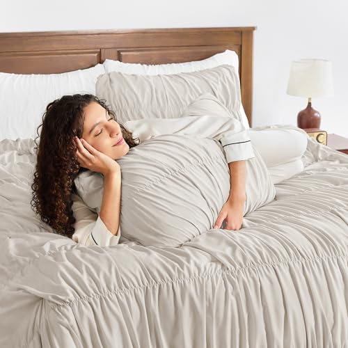 Image of Andency Linen Grey Ruched Comforter Set King Size, Shabby Chic Pleated Bedding Sets 3 Pieces, Lightweight Soft Boho Ruffle Bed Set for Girls, Kids, Women, All Season
