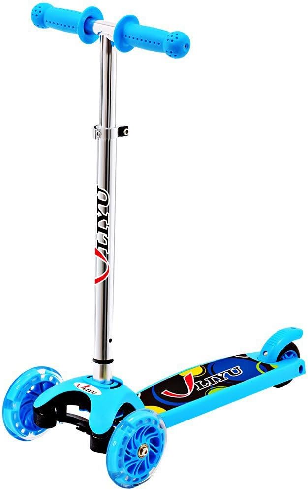 LIYU 1281F Mini Kick 3 Wheels with Big LED Flashing Scooter- Adjustable Height T-Bar/ Wide Durable Deck/ Lean to Steer/ Green Material for 2-6 years 77lbs Kids (Sky Blue)