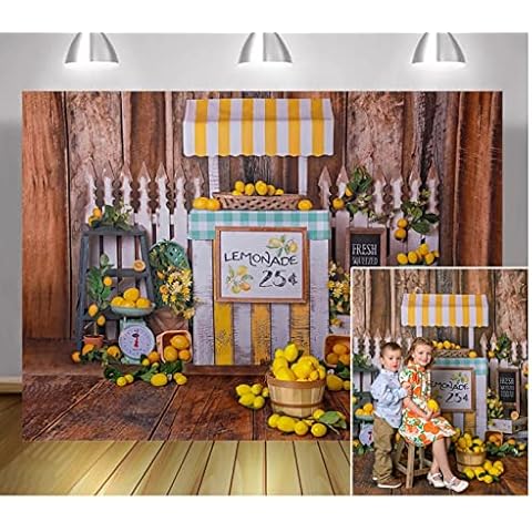Lemonade Stand Banner Backdrop Lemon Fruit Party Background Brown Wood Board Newborn Children Birthday Portrait Photography 7×5 feet vinyl backdrop Cover