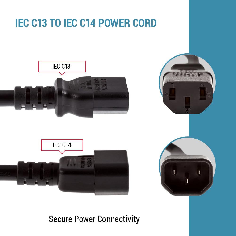 CablesAndKits 3-bolcowy przewód zasilający (3 stopy) - 15 A/250 V, 14 AWG - C13 do C14, (IEC-60320-C13 do IEC-60320-C14) - Wytrzymały przewód zasilający do sieci i centrów danych