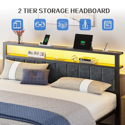 Image of Liians King Size Platform Bed Frame with LED Lights, Grey Upholstered Headboard with 2-Tier Storage Shelves, Charging Station, Noise Free, No Box Spring Needed, Easy Assemably