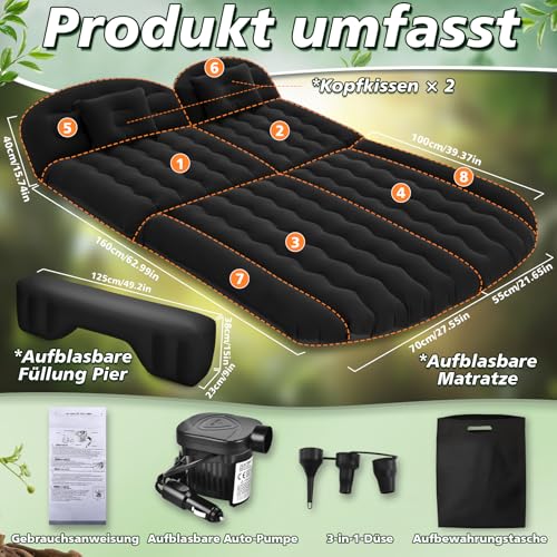 YOOHBERRYS Auto Matratze, 200 * 125cm SUV Auto Luftmatratze mit Luftpumpe, 2 Kissen, Rücksitz Luftmatratze Kissen, Verdickte Beflockung Aufblasbare Auto Bett Kofferraum für Camping