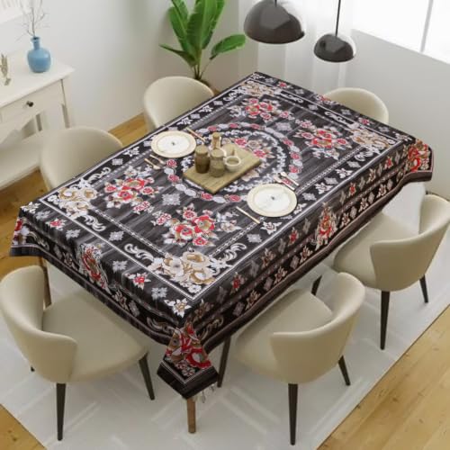 Image of Dakshya Industries Waterproof PVC Table Cover 60x90 Inch for Dining Table, Floral Printed Table Cloth, Washable Oilproof Table Protector, Plastic Cover for 6 Seater & 8 Seater Tables (Black)