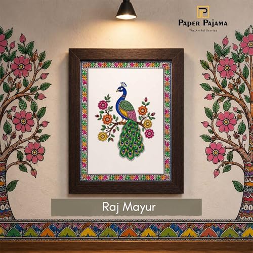 Image of PAPER PAJAMA Peacock Wall Art for Living Room | Madhubani Peacock Bird Painting | Traditional Mithila Folk Art Framed Decor for Home, Bedroom & Office (10x13 Inches)