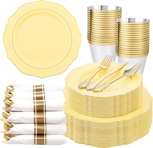 Liacere 350PCS Yellow Plates - Yellow Disposable Plastic Plates With Gold Rim-50Guest Plastic Dinnerware include 100 Plates 50 Pack Pre Rolled Napkins with Silverware 50Cups for WeddingParty