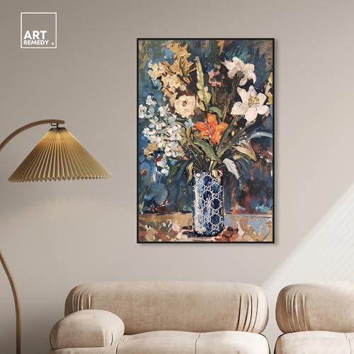 Image of Art Remedy Blue Floral Vase Canvas Floral Vase Wall Art, Black Frame, 30 inch x 45 inch