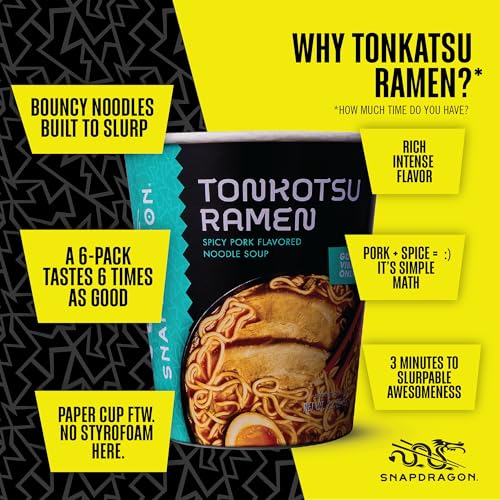 Image of Snapdragon Tonkotsu Ramen Cup Noodles - 6 Pack Instant Ramen Bowl with Authentic Wheat Noodles, Soup Sauce Base, Flavor and Vege Packs. Microwave or Hot Water, Easy Meal Prep