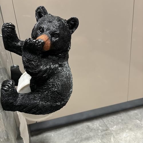 Yaoemei Bear Toilet Paper Holder Bear Cub Tissue Holder Rack with Shelf Rustic Towler Holder Bathroom Wall Mounted Ornament Black Bear Bathroom Decor Wall Decor