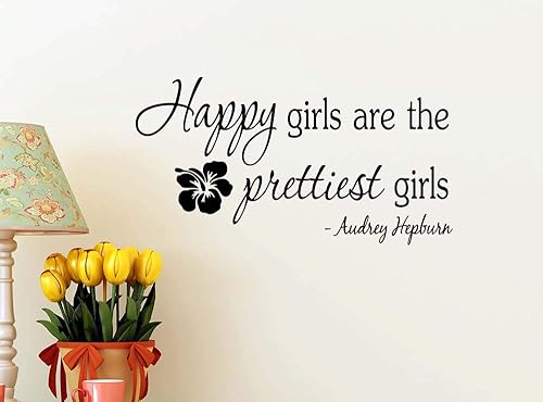 Miniatura 2 de #2 Happy Girls are The Prettiest 23 x 12 - Calcomanía de vinilo con cita para pared, diseño de sonrisa de Hepburn, diseño motivacional
