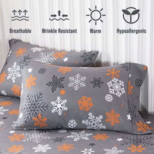 Keowin Twin Bed Sheet Set 3Pc 100% Microfiber Up To Around 15" Deep Pocket, Super Soft Breathable Double Brushed Double Bedding, Machine Washable & Easy Care, Wrinkle Free - Snowflake (Grey) #TOP2
