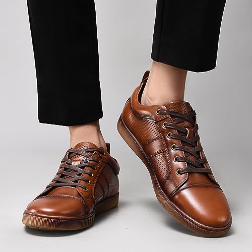 Image of Men's Casual Sneakers Fashion Oxford Sneaker Shoes Perforated Yellow Brown Leather Comfortable Daily Shoe for Men Size 12