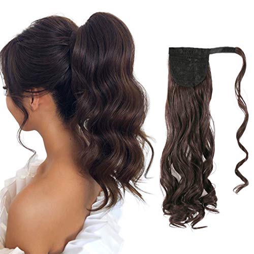 Cagora Ponytail Extension Curly Wavy Clip in Pony Tail Extensions Wrap Around Hairpiece Claw Synbthetic Ponytails Magic Paste Hair Wraps Human Hair Ponytail for Women (Dark Brown(233))