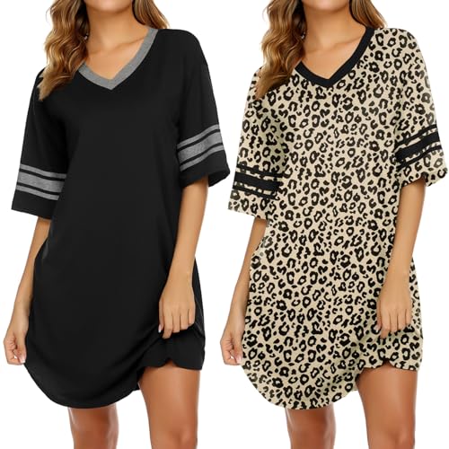 Image of Ekouaer Nightgowns for Women 2 Pack Sleepshirts Short Sleeve Nightshirt V Neck Sleepwear Casual Pajama Dress