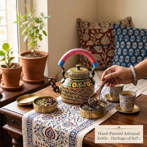 Image of iHandikart Handpainted Designer Aluminium Tea Kettle, 1 Litre - Vibrant Indian Art Tableware, Decorative & Functional 8x5.5x8 Inch (5068)