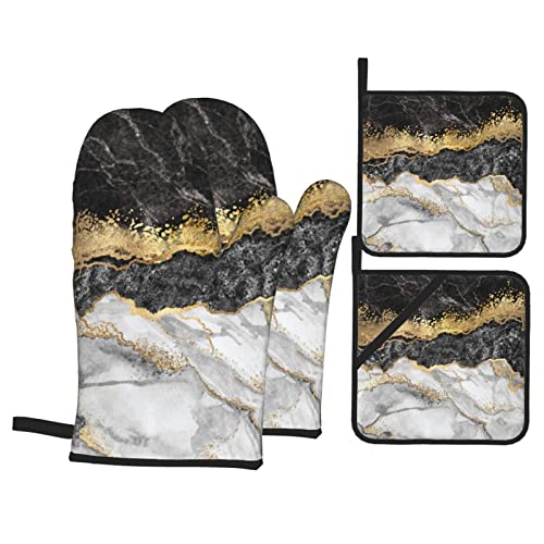 Black White Gold Foil Marble Print Oven Mitts and Pot Holders Sets,Kitchen Oven Glove High Heat Resistant 500 Degree Oven Mitts and Potholder,Surface Safe for Baking, Cooking, BBQ,Pack of 4