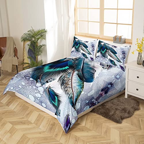 Feather Duvet Cover Kid Queen Western Colorful Feather Decor Bedding Set Bird Peacock Feather Pattern Printed On White Comforter Quilt Cover For Adult Teen Boys And Girls Decorative Bedding Feathers K #TOP1