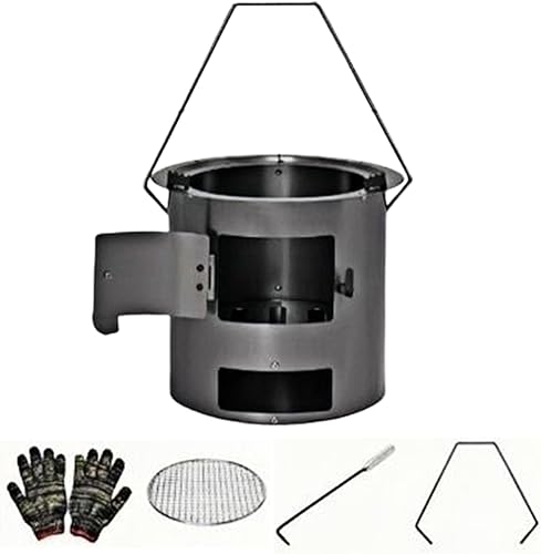 Estufa de leña portátil, quemador compacto con asa, estufa de campamento con rejilla de parrilla y guantes  para mochileros al aire libre,