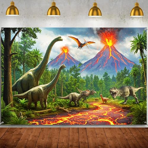 Dinosaur Photo Backdrop Banner Dinosaurs Birthday Party Decorations Dinosaur Park Theme Backdrops Jungle Volcano Dinosaurs World Photography Background Boy Kids Bday Supplies Photo Booth Props 5x3ft