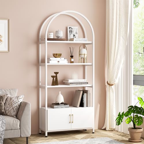 OPULENTHOME Elegante estantería con arco, de madera y metal, con puertas, con reposapiés ajustable, estantería abierta, 4 niveles, color blanco, 181 x 80 x 28 cm