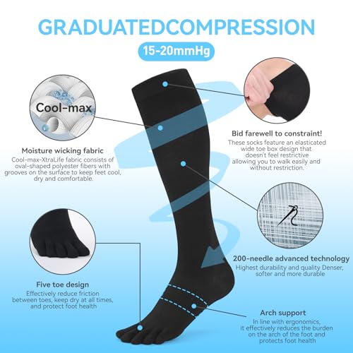 Image of 3 Pairs cool-max Compression Toe Socks for Women 15mmHg Circulation Support Socks for Athletic