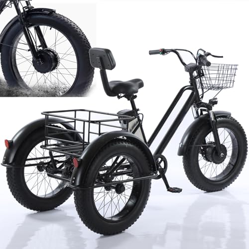 HDaspijh Triciclo Eléctrico De 3 Ruedas para Adultos, Capacidad De 200 Kg, Cesta De La Compra (20'' X 9'' X 12''), Neumáticos Anchos De 20'', BateríA ExtraíBle De 48 V/12 Ah, AutonomíA De 35 Km