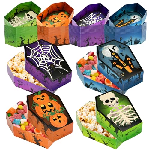 JarThenaAMCS 100Pcs Halloween Coffin Snack Trays Pumpkin Skull Spider Web Castle Paper Food Trays 4 Colors Coffin Boxes for Halloween Trick or Treat Party Food Storage Serving Supplies