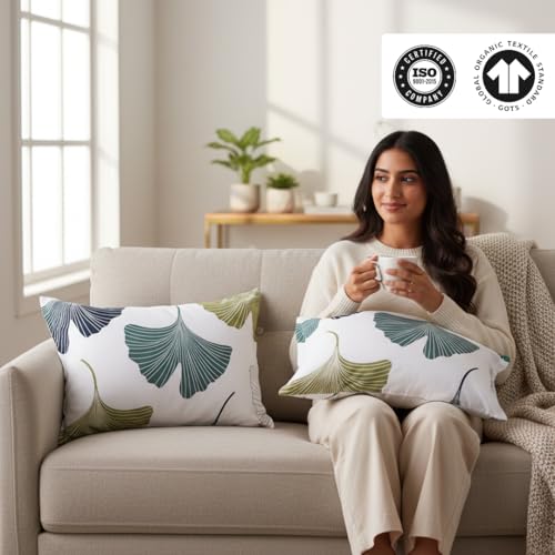 Image of HOMEMONDE Leaf Printed Pillow Covers - 210 TC Soft Luxurious Bedding Pillow Case (Blue & Green, 20 x 26 Inch (Pack of 2))