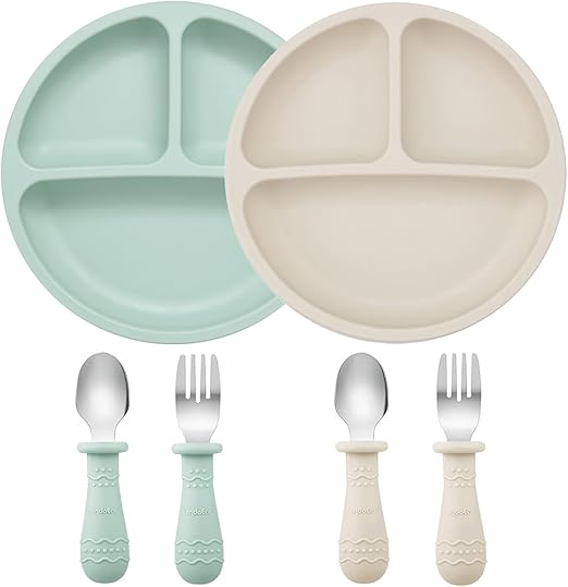 PandaEar Baby Feeding Set| 2 Pack Silicone Divided Suction Plate, 2 Set Toddler Spoons & Forks| Baby Led Weaning Supplies Self Feeding Eating Utensils