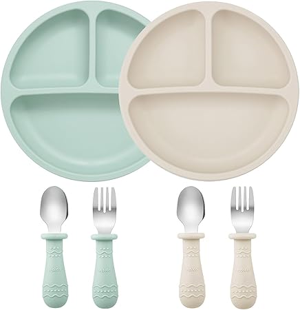 PandaEar Baby Feeding Set| 2 Pack Silicone Divided Suction Plate, 2 Set Toddler Spoons & Forks| Baby Led Weaning Supplies Self Feeding Eating Utensils