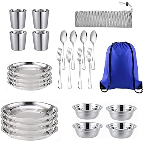 Stainless Steel Bowl Set Kit Polished Stainless Steel Dishes Set| Tableware| Dinnerware| Camping| Buffet| includes - Cups | Plates| Bowls| Cutlery| Comes in Bags Cover