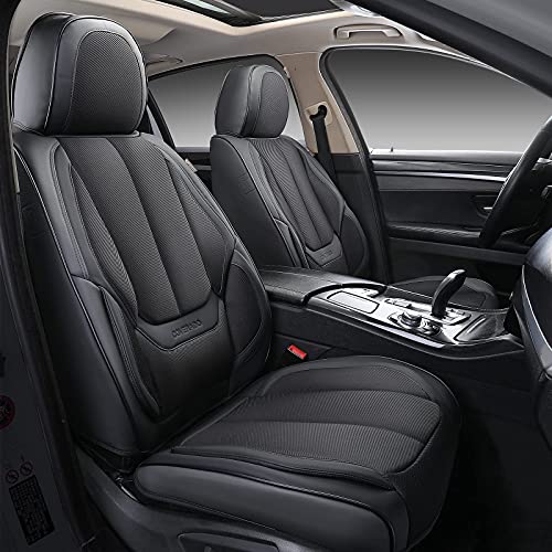 Image of Coverado Front Seat Covers, 2 Pieces Universal Seat Covers for Cars, Breathable Fabric & Leather Car Seat Protectors, Car Seat Cushions Auto Accessories Fit for Most Sedans SUV Truck, Black