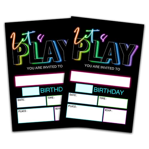 Let's Play Birthday Invitations, Neon Glow Trampoline Jump Birthday Invitations For Boys Girls, Kids Birthday Invites, Bounce House Birthday Party Decorations, 20 Invitations With 20 Envelopes - A02