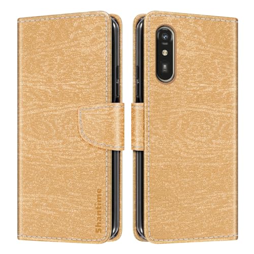 Shantime レザー財布ケース Fcnt らくらくスマートフォン a との互換性あり カラフル手帳型 カード収納 マグネット式 全面保護シェル(ゴールド)