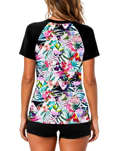 Image of AOBUTE Women Short Sleeve Rash Guard UPF 50+ Tropical Sun Protection Floral Swim Shirts
