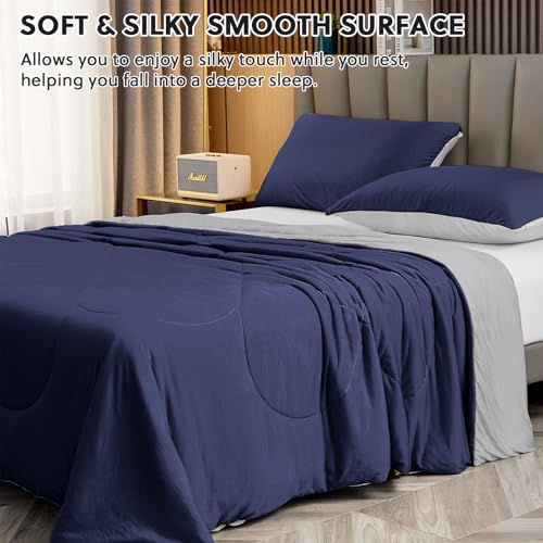 HOMFINE Cooling Comforter Twin Size, Dark Blue Summer Cooling Blanket for Hot Sleepers and Night Sweats, Japanese Double-Sided Cold Tech Fabric Q-Max 0.45, Soft Breathable Silky Smooth Lightweight