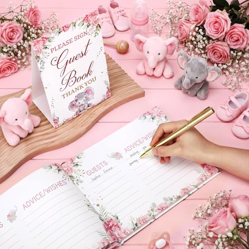 Image of Fuyoooo 27 Pcs Pink Elephant Baby Shower Guest Book Set Baby Shower Sign in Guest Elephant Book Place Table Cards with Gold Pen Adhesive Photo Corner for Birthday Party