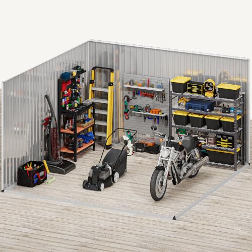 Image of DWVO 10x10ft Large Tool Storage Shed with Window, Lockable Doors, and Sloped Roof, Oversized Steel Outdoor Storage Shed for Garden, Patio, Garage, Backyard, Lawn(Gray + White)